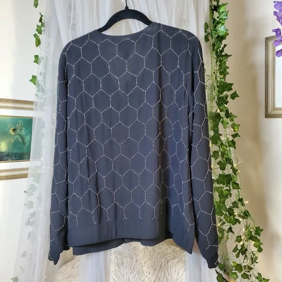 Chico's Beaded Full Zip Bomber Jacket Black Silver Sequined Embellished Sz L/2 - Picture 6 of 8